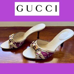 ❤️ VINTAGE GUCCI FLORA CANVAS FLORAL BAMBOO SLIDES KITTEN HEELS  36 DESIGNER EUC